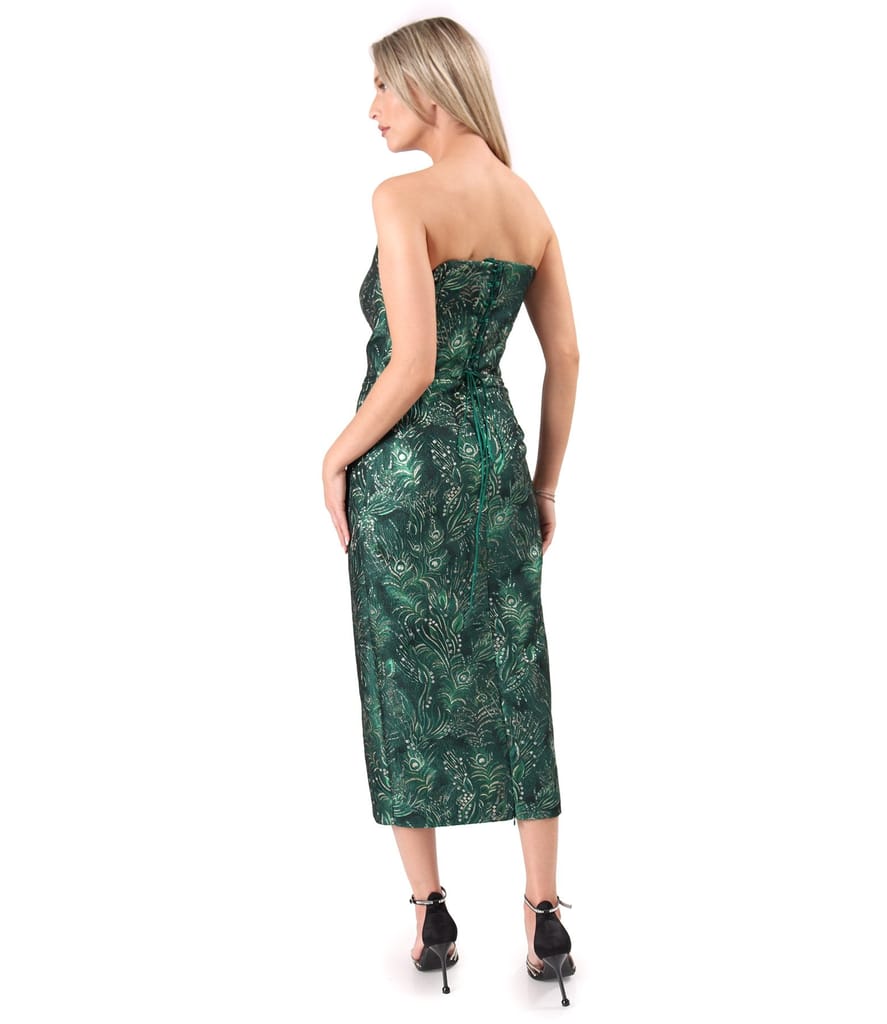 Rochie midi de cocktail cu corset din brocard cu fir metalic si motive florale