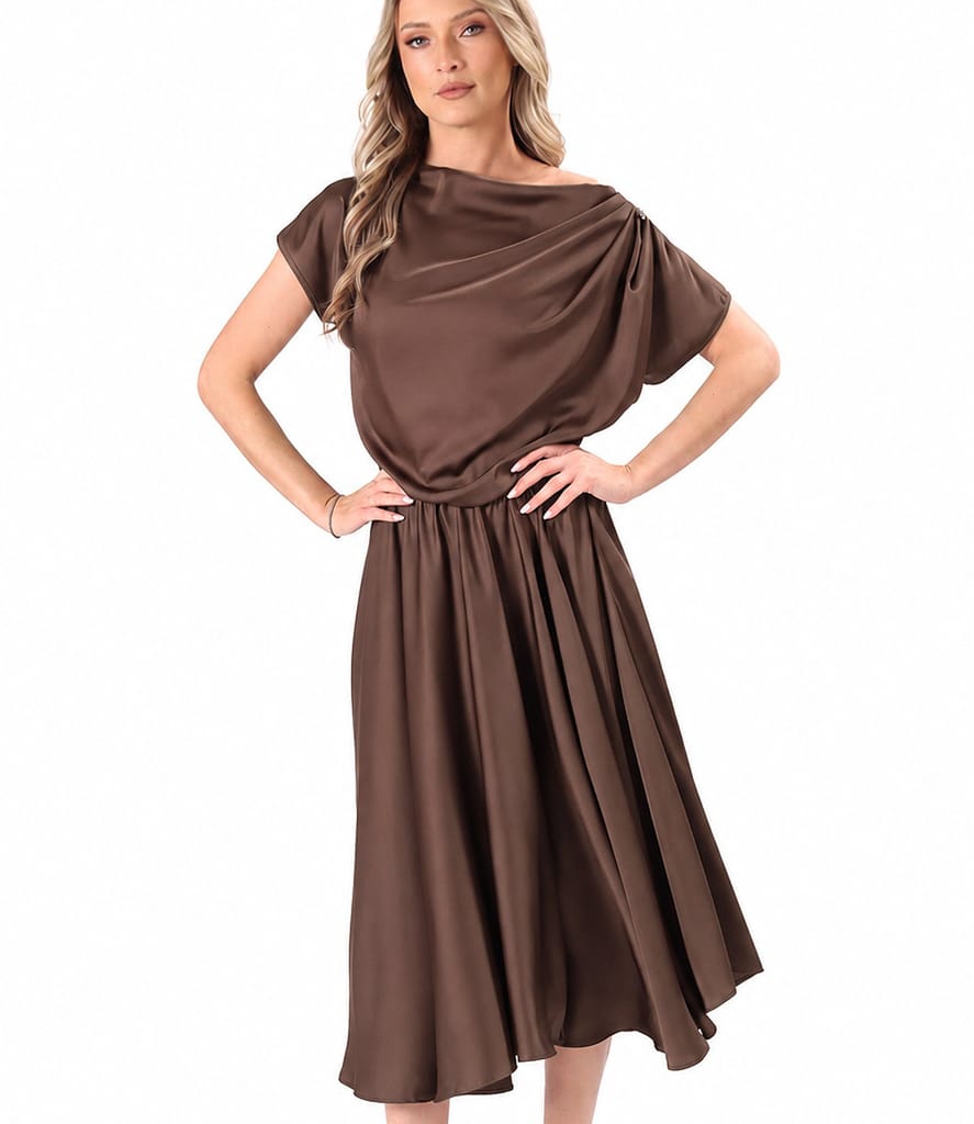 Rochie midi din satin elastic cu decolteu barcuta