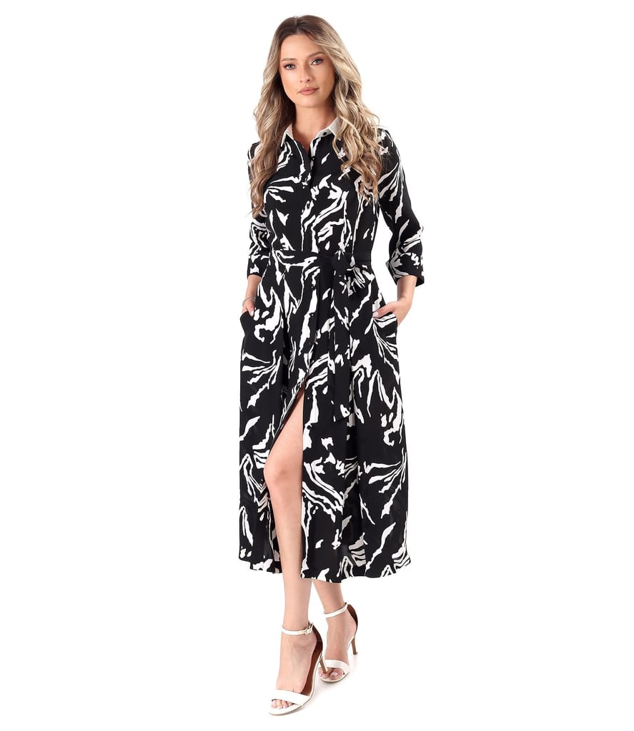 Rochie midi tip camasa din viscoza cu guler cu stei alb