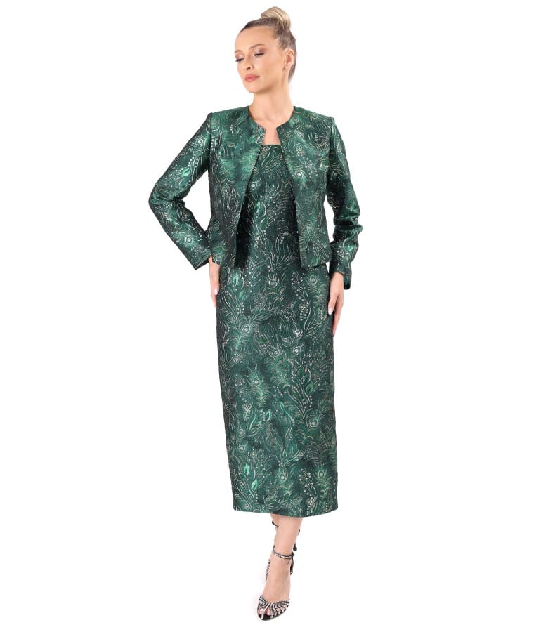 Tinuta de seara cu sacou si rochie midi din brocard cu fir metalic si motive florale