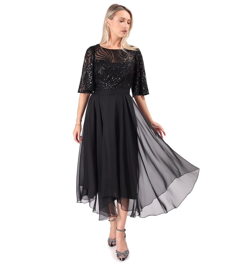 Rochie midi de ocazie cu corsaj si maneci ample din paiete