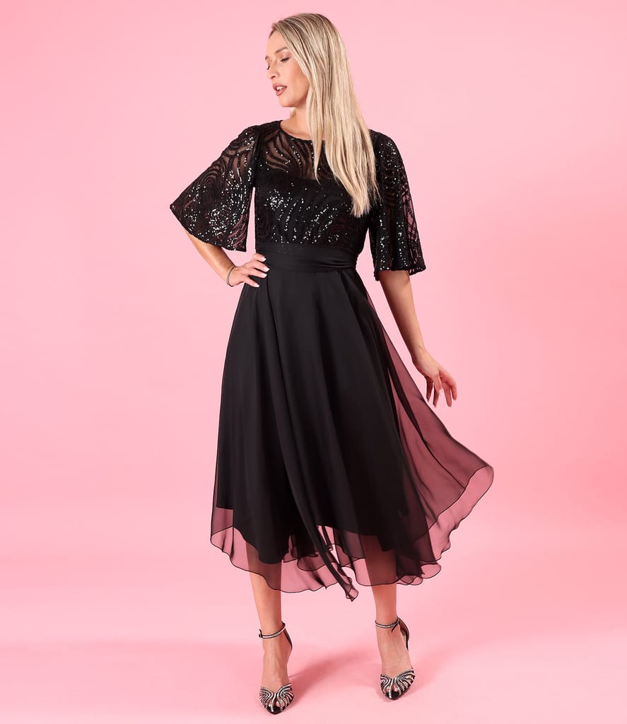 Rochie midi de ocazie din voal cu bust si maneci ample din paiete