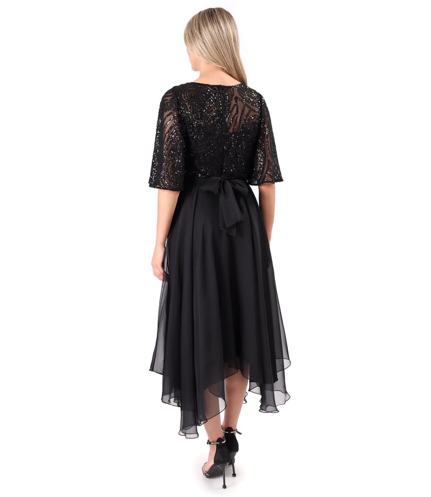 Rochie midi de ocazie din voal cu bust si maneci ample din paiete
