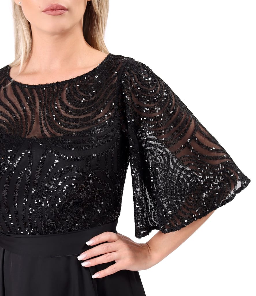 Rochie midi de ocazie din voal cu bust si maneci ample din paiete