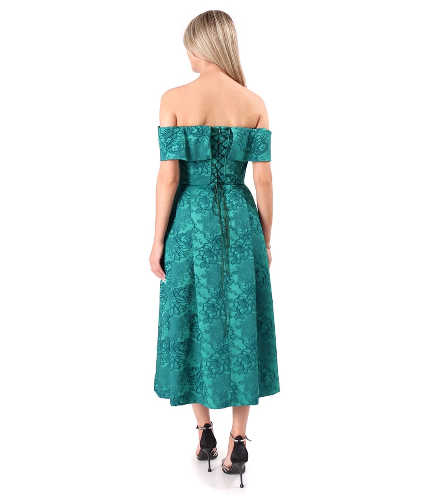 Rochie eleganta de seara cu umeri goi din brocart cu motive florale