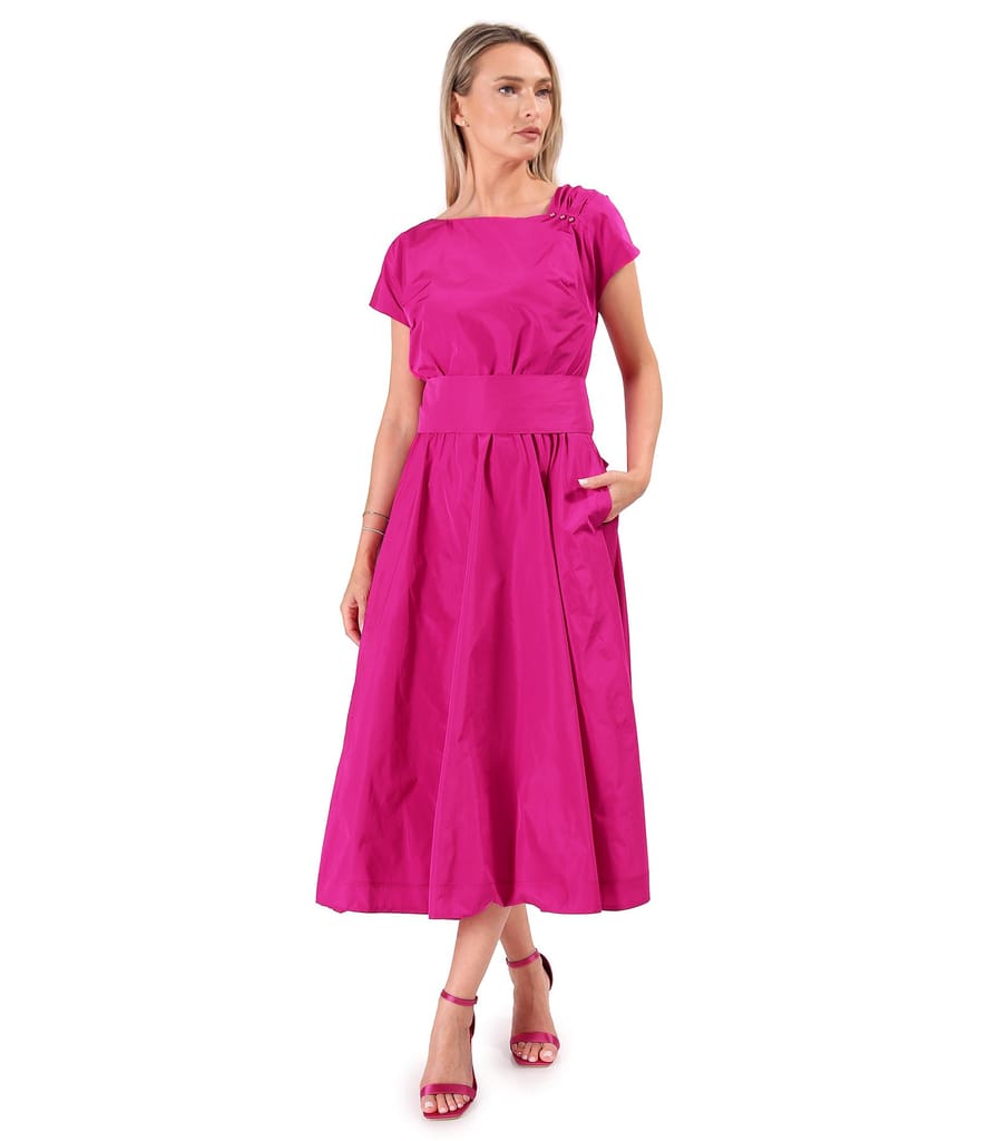 Rochie midi din tafta usoara cu cordon funda si perle