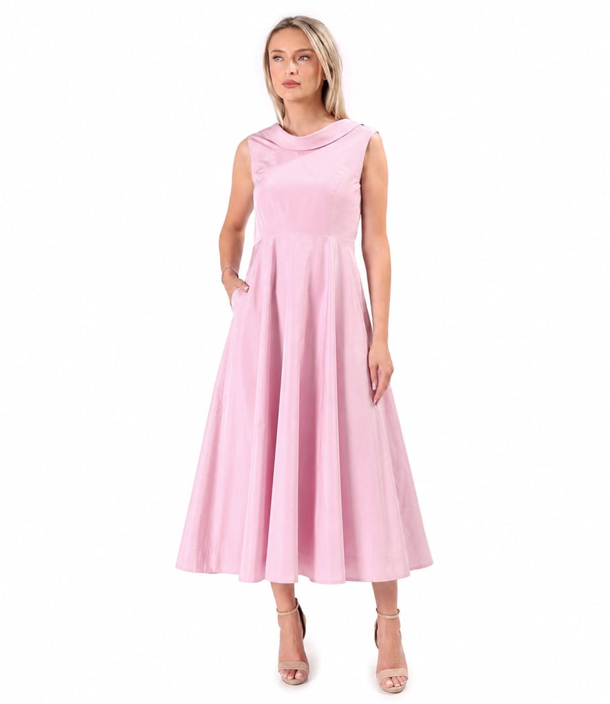 Rochie midi de cocktail din tafta usoara cu guler bie si trena la spate