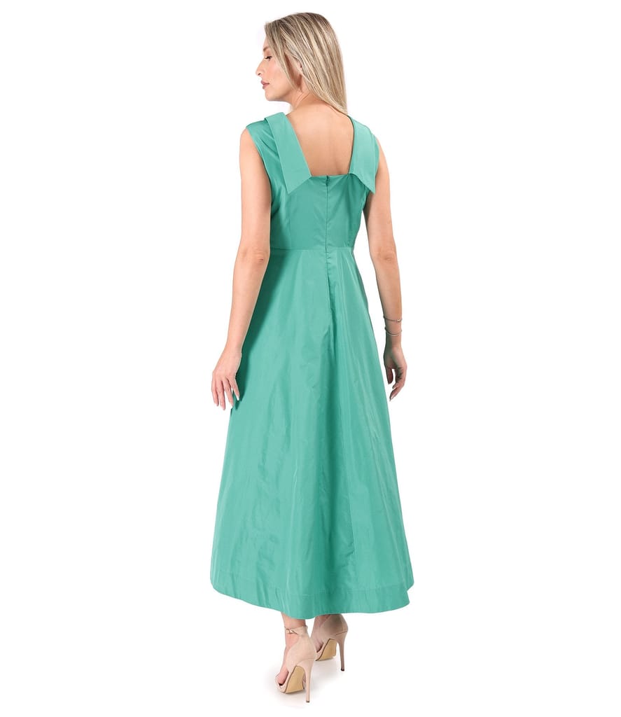 Rochie midi de cocktail din tafta usoara cu guler bie si trena la spate