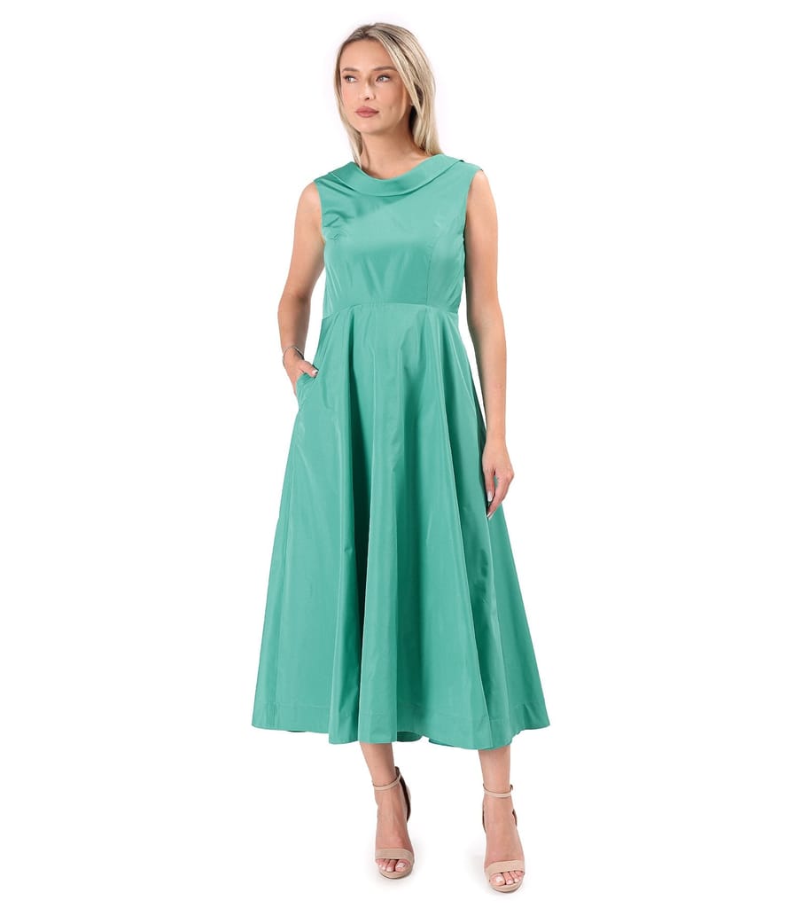 Rochie midi de cocktail din tafta usoara cu guler bie si trena la spate