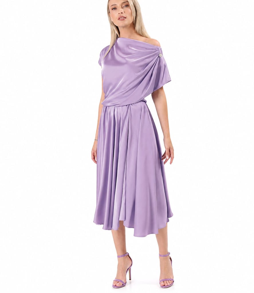 Rochie midi din satin elastic cu decolteu barcuta