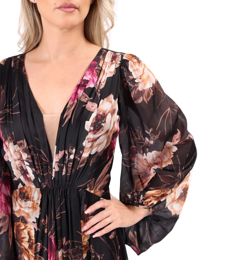 Rochie lunga de seara din voal imprimat cu motive florale