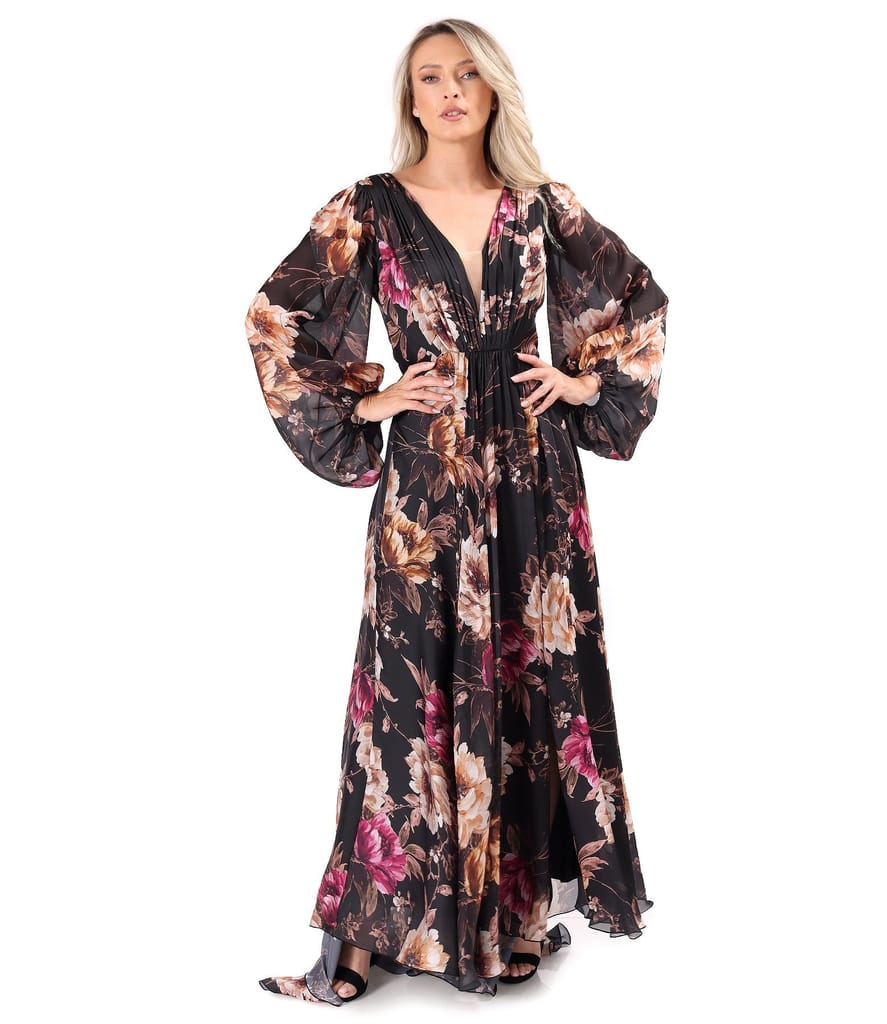 Rochie lunga de seara din voal imprimat cu motive florale