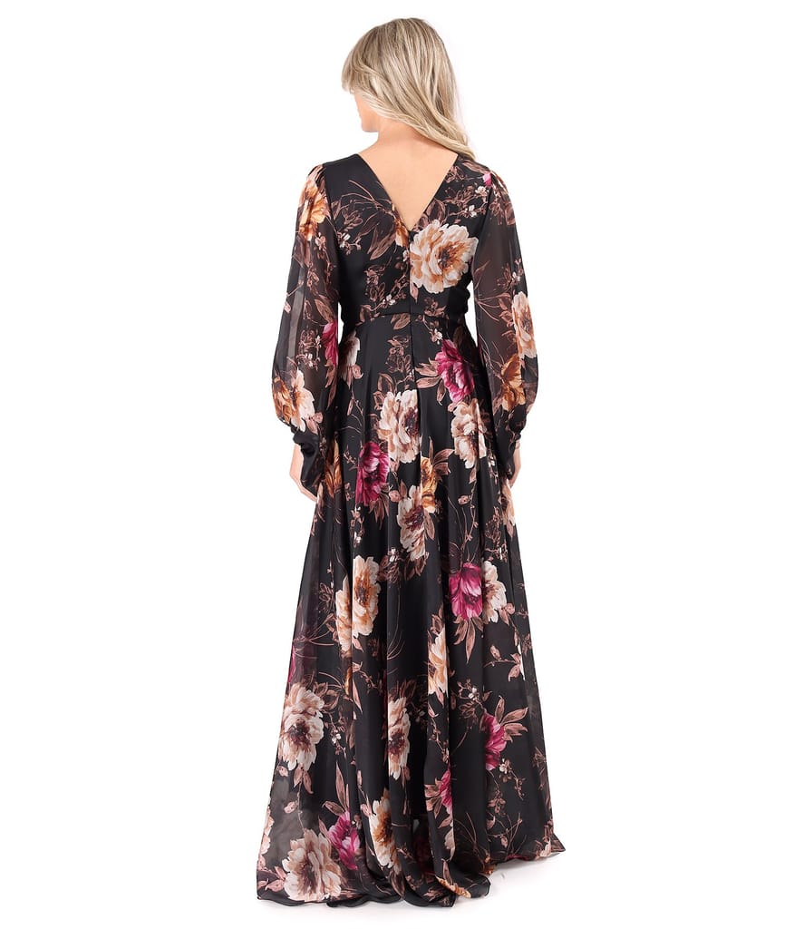 Rochie lunga de seara din voal imprimat cu motive florale