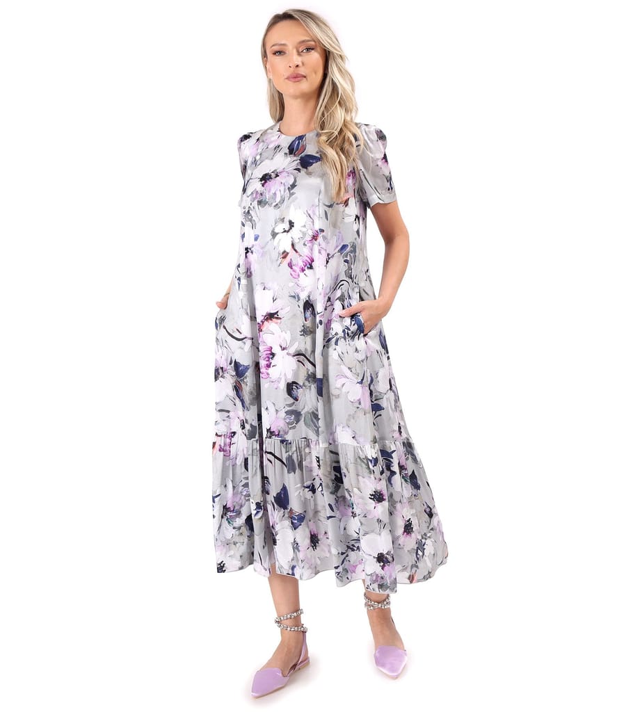 Rochie midi lejera din viscoza cu matase naturala imprimata cu motive florale