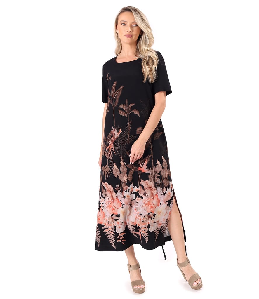 Rochie lunga din viscoza cu imprimeu floral si slit lateral