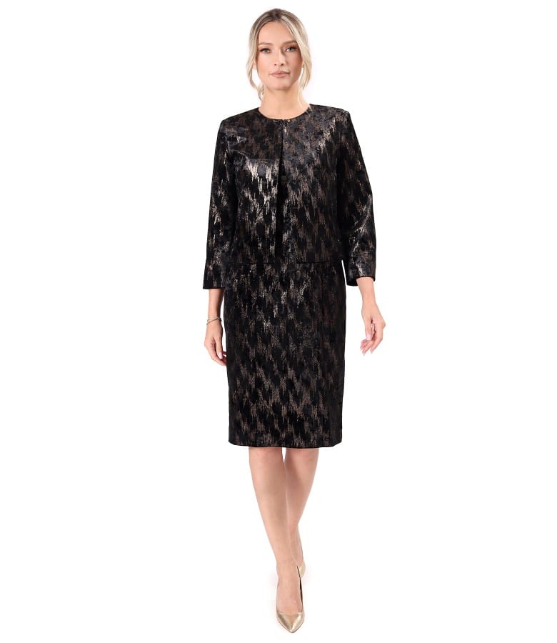 Tinuta de ocazie cu bolero si rochie din catifea cu motive aurii
