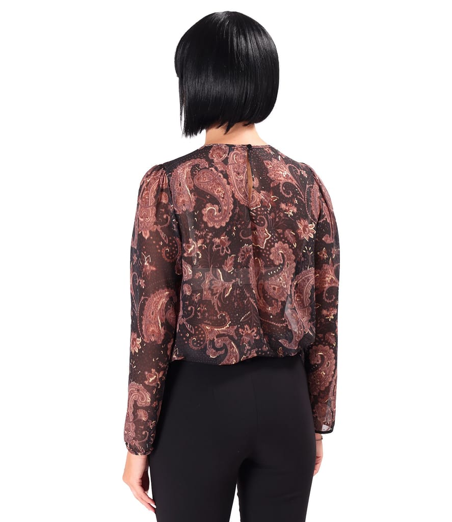 Bluza cu falduri la decolteu din voal imprimat cu motive paisley