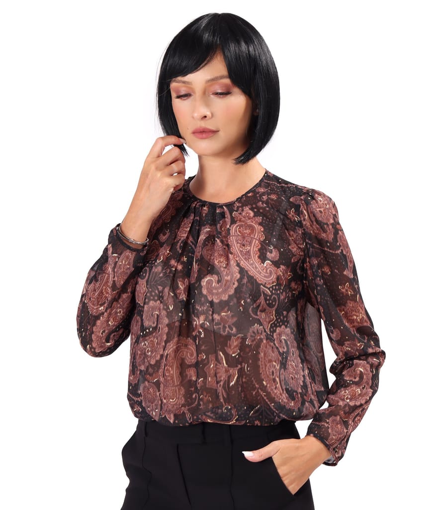 Bluza cu falduri la decolteu din voal imprimat cu motive paisley