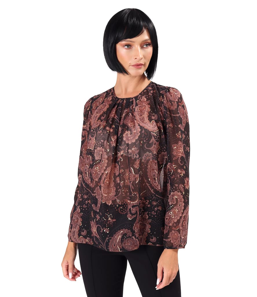 Bluza cu falduri la decolteu din voal imprimat cu motive paisley