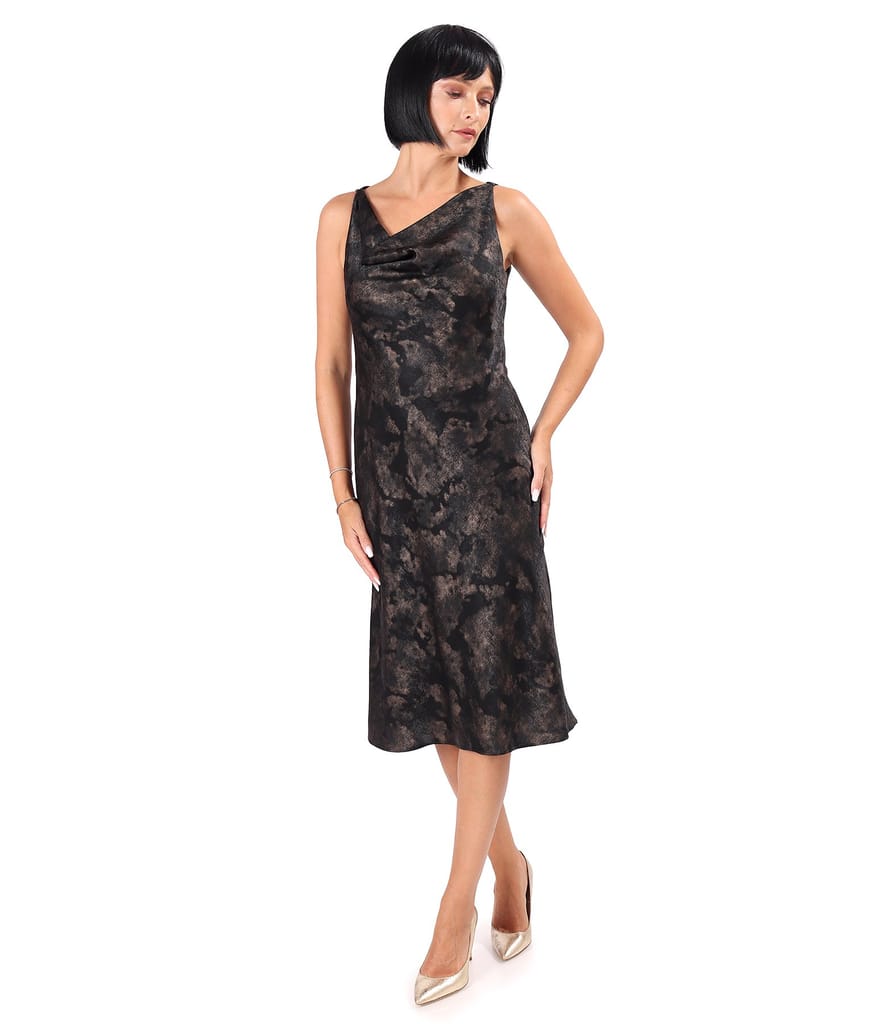 Rochie midi pe bie imprimata cu motive aurii