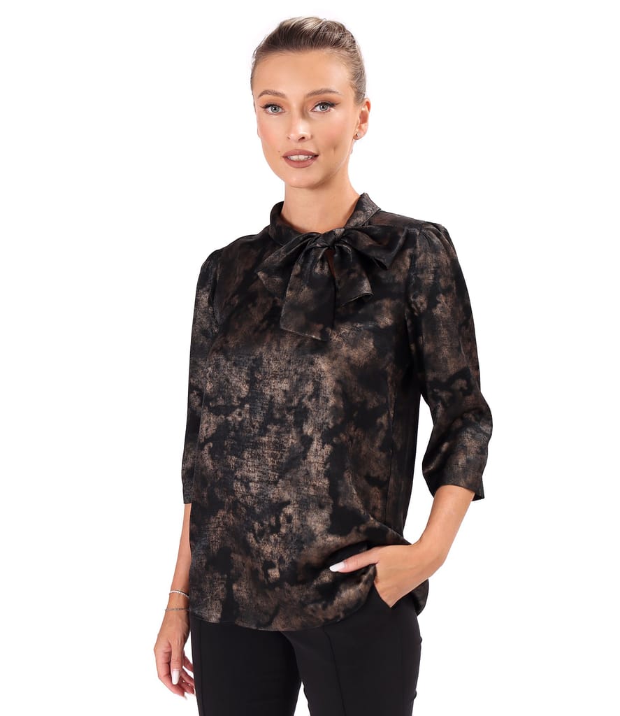 Bluza eleganta imprimata cu motive aurii si guler esarfa
