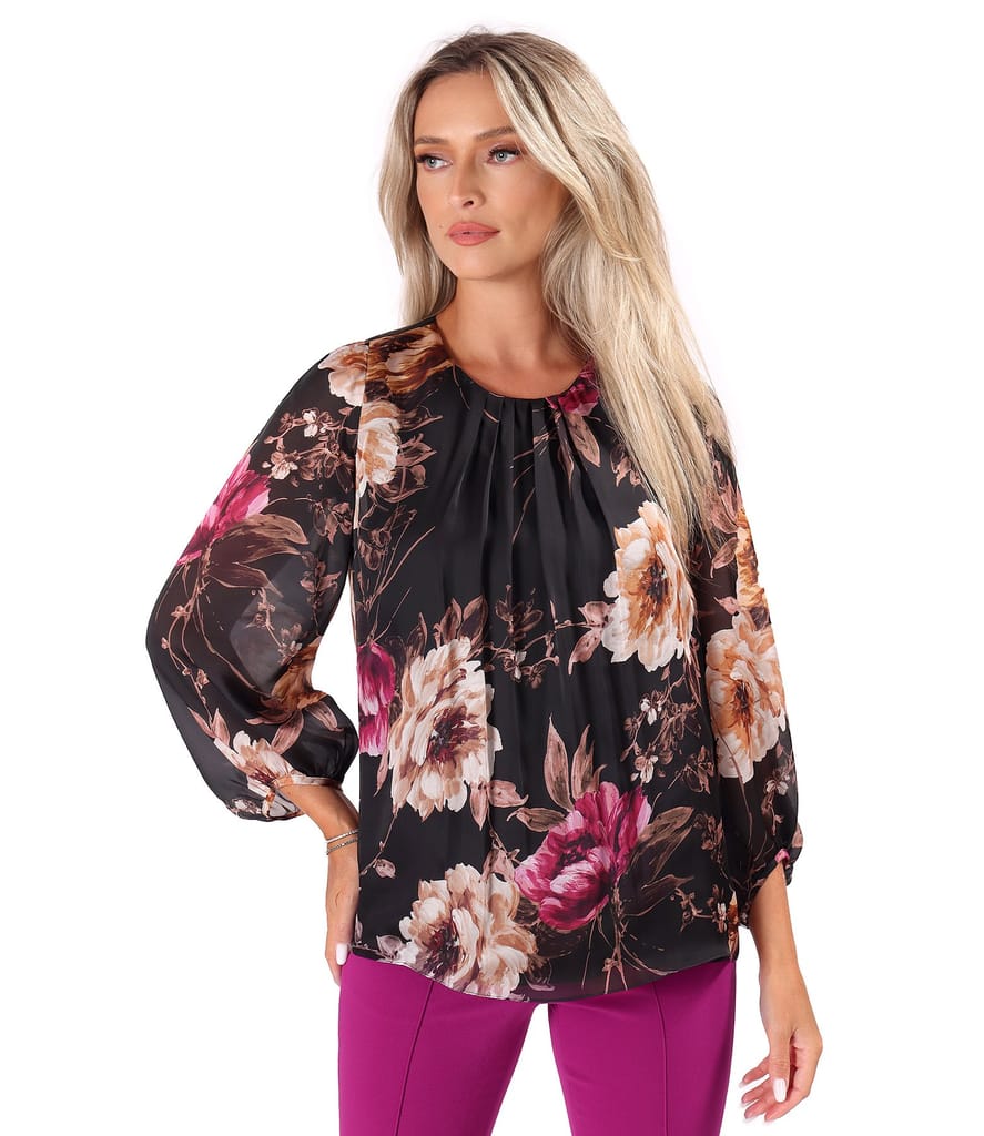 Bluza cu falduri la decolteu din voal imprimat cu motive florale supradimensionate
