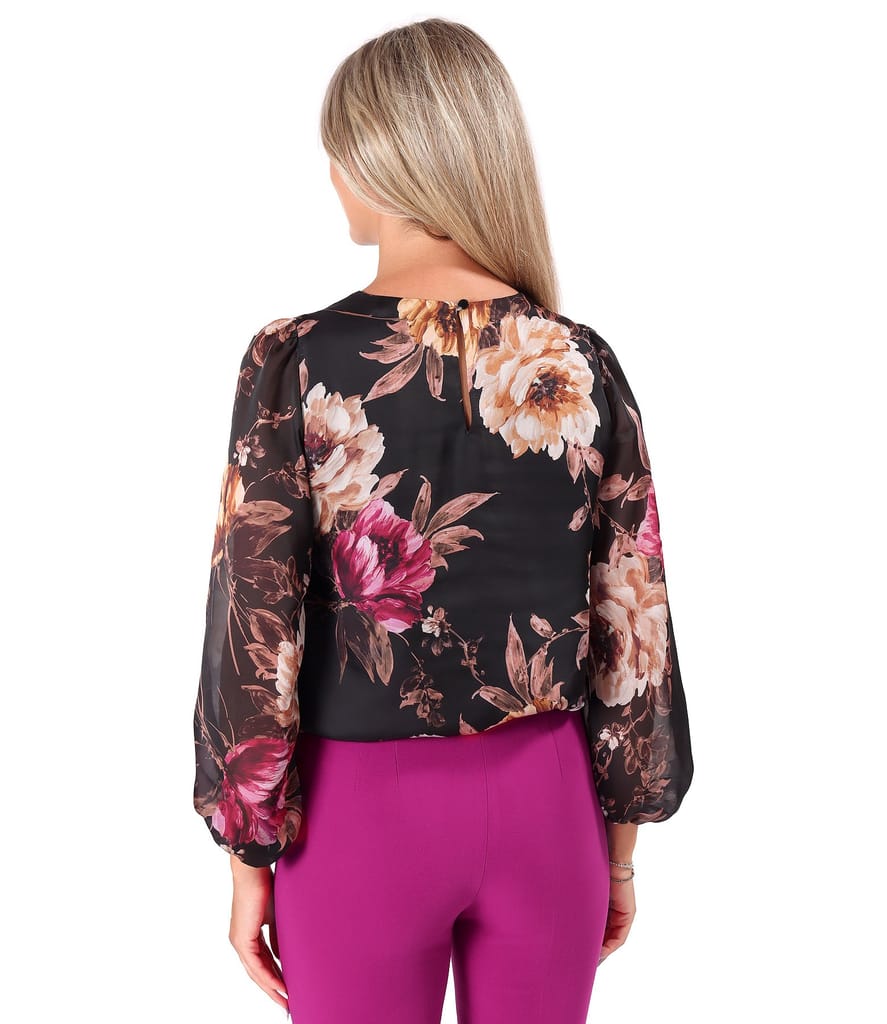 Bluza cu falduri la decolteu din voal imprimat cu motive florale supradimensionate