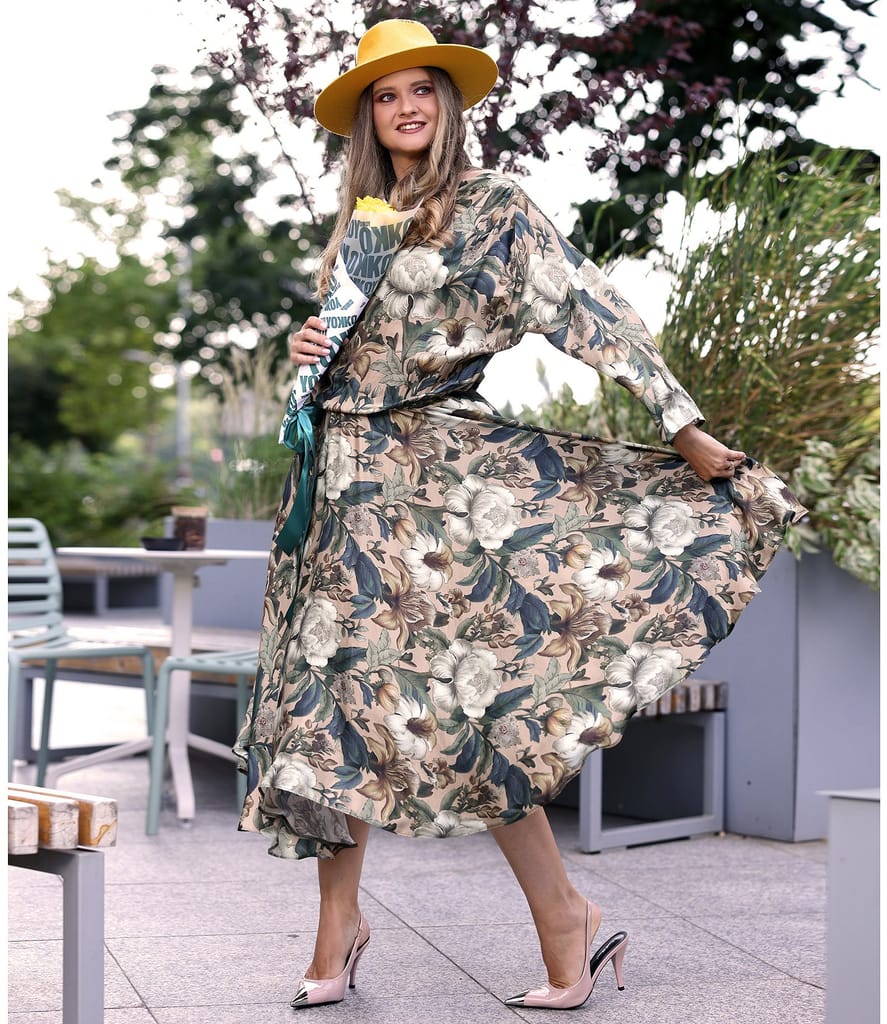 Rochie midi din viscoza cu matase naturala imprimata cu motive florale