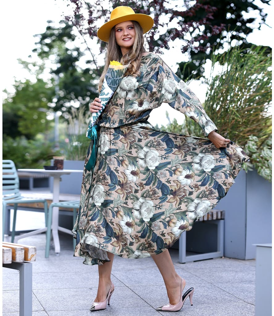 Rochie midi din viscoza cu matase naturala imprimata cu motive florale