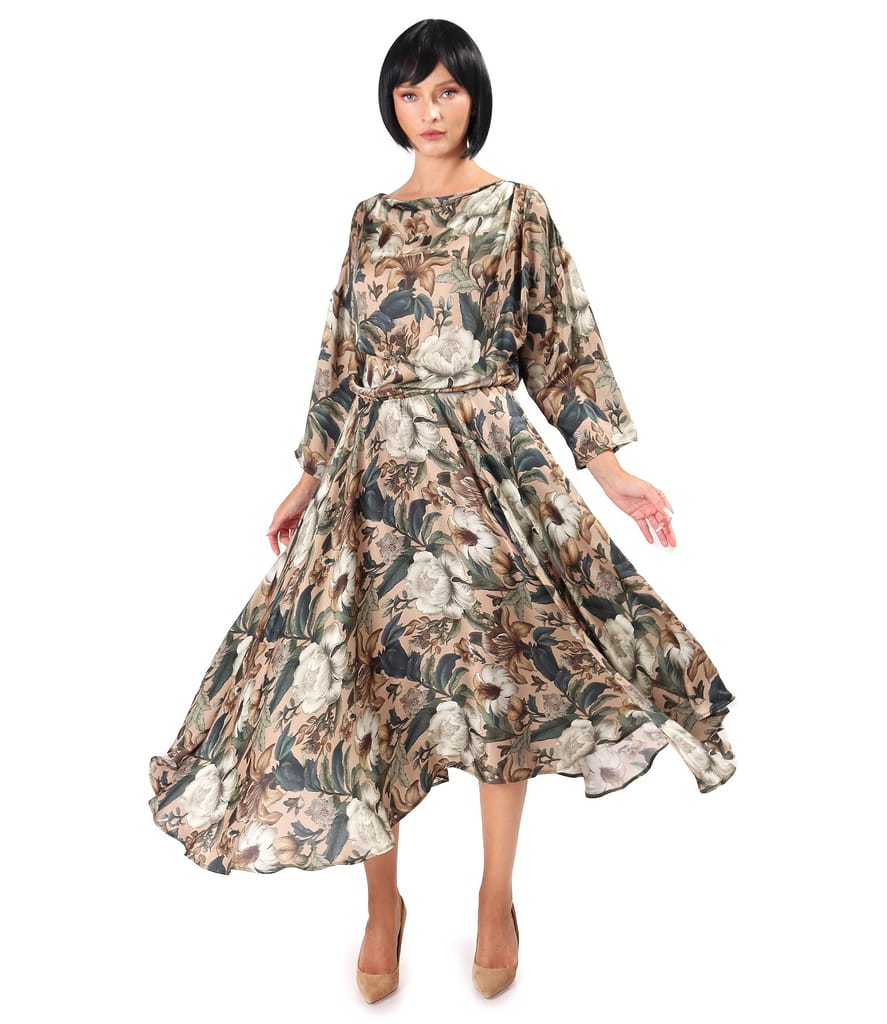 Rochie midi din viscoza cu matase naturala imprimata cu motive florale