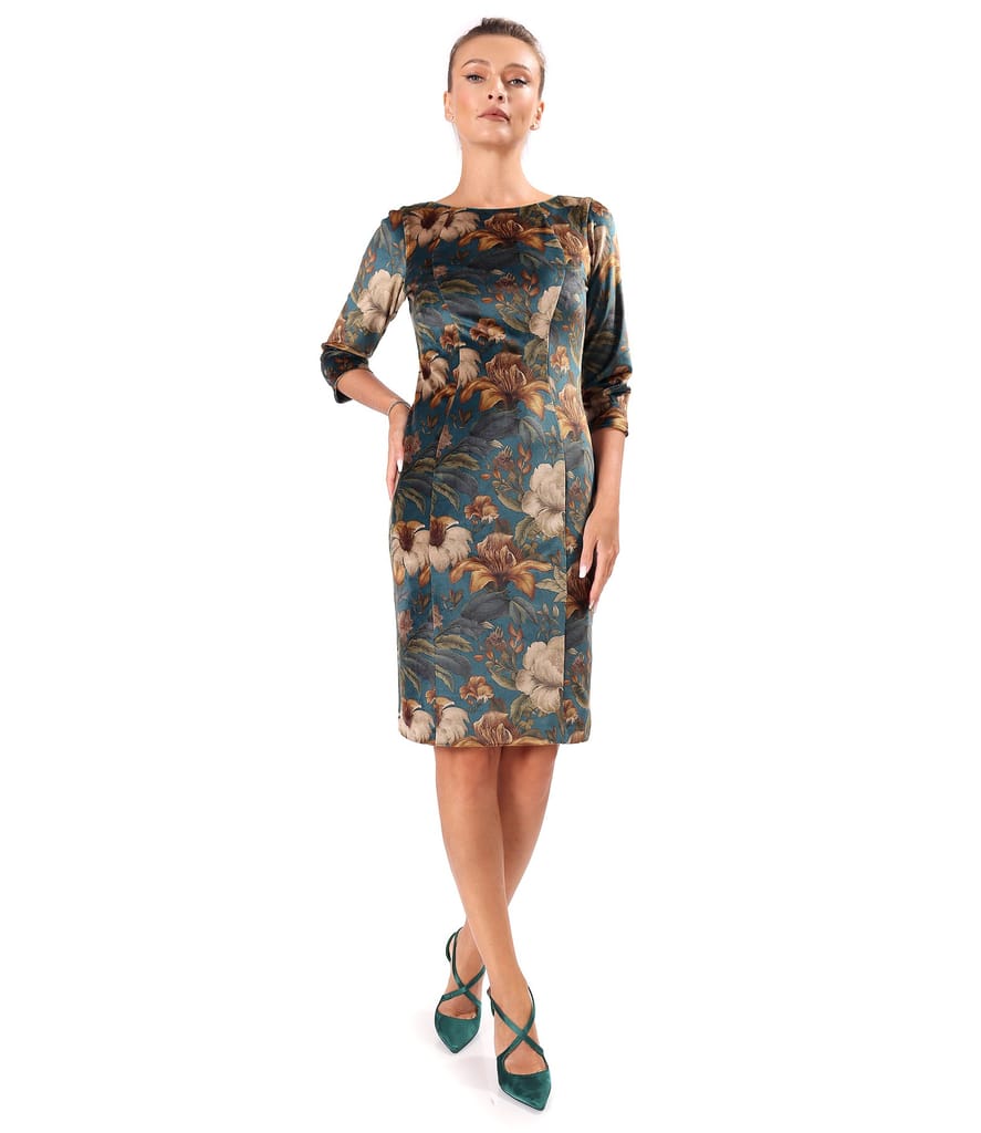 Rochie eleganta din catifea densa imprimata cu motive florale