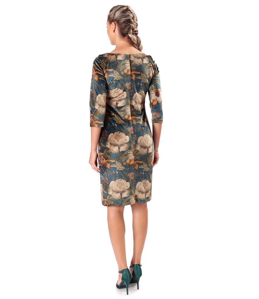 Rochie eleganta din catifea densa imprimata cu motive florale