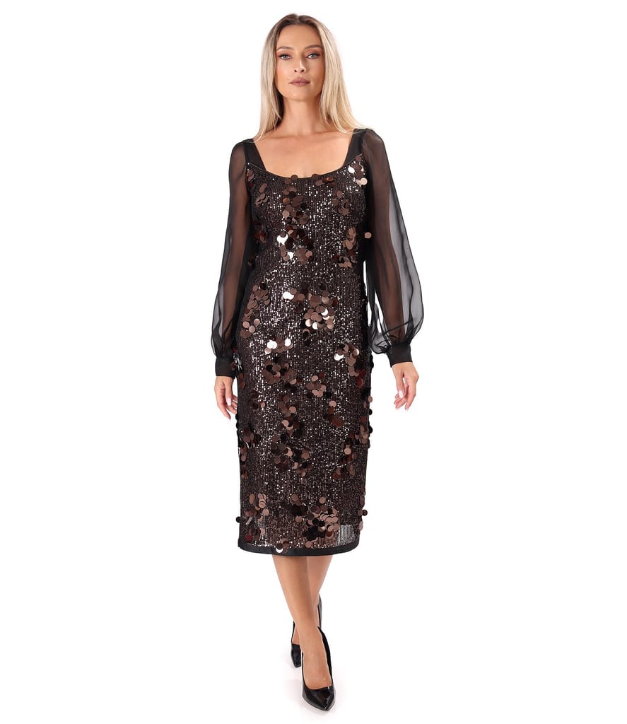 Rochie midi de cocktail din paiete cu maneci din voal