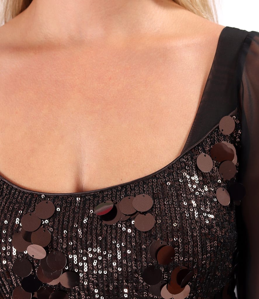Rochie midi de cocktail din paiete cu maneci din voal