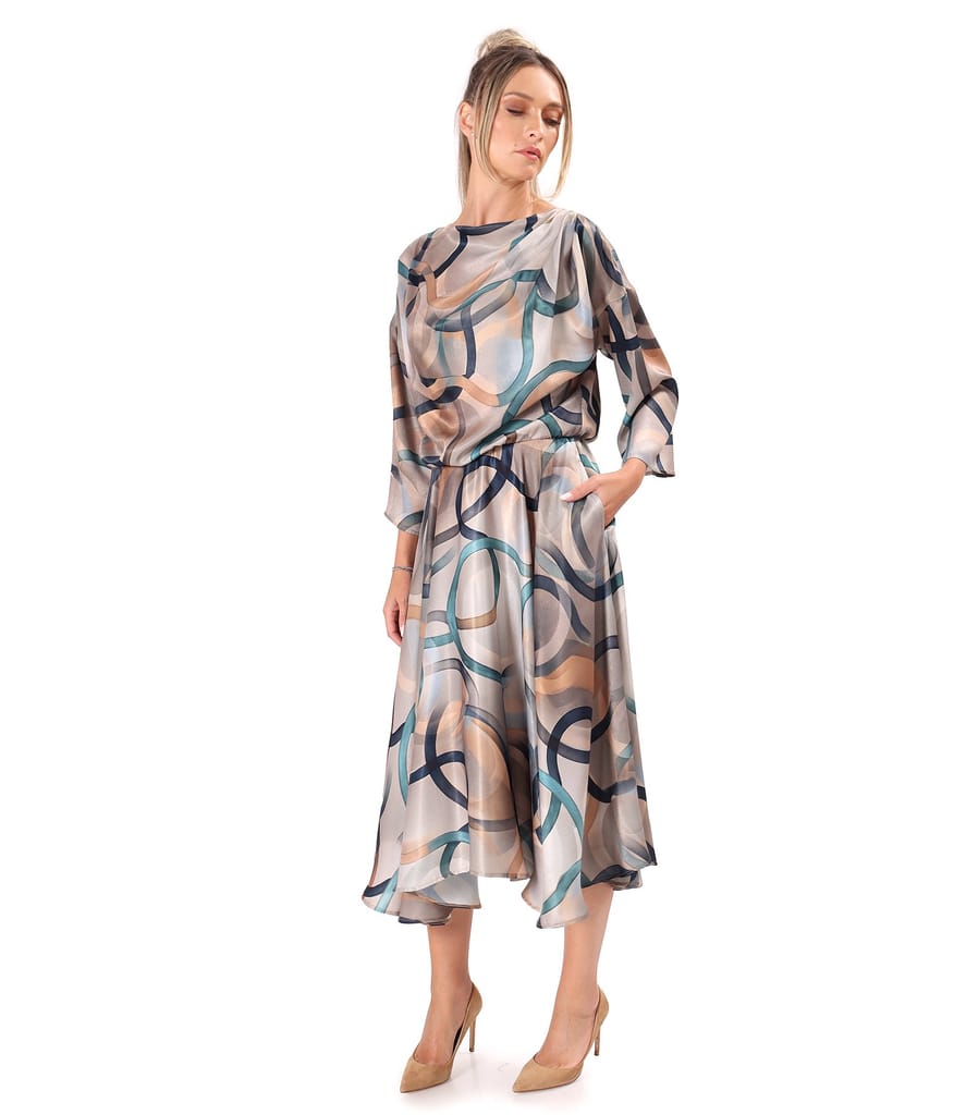 Rochie midi eleganta din saten imprimat cu motive geometrice