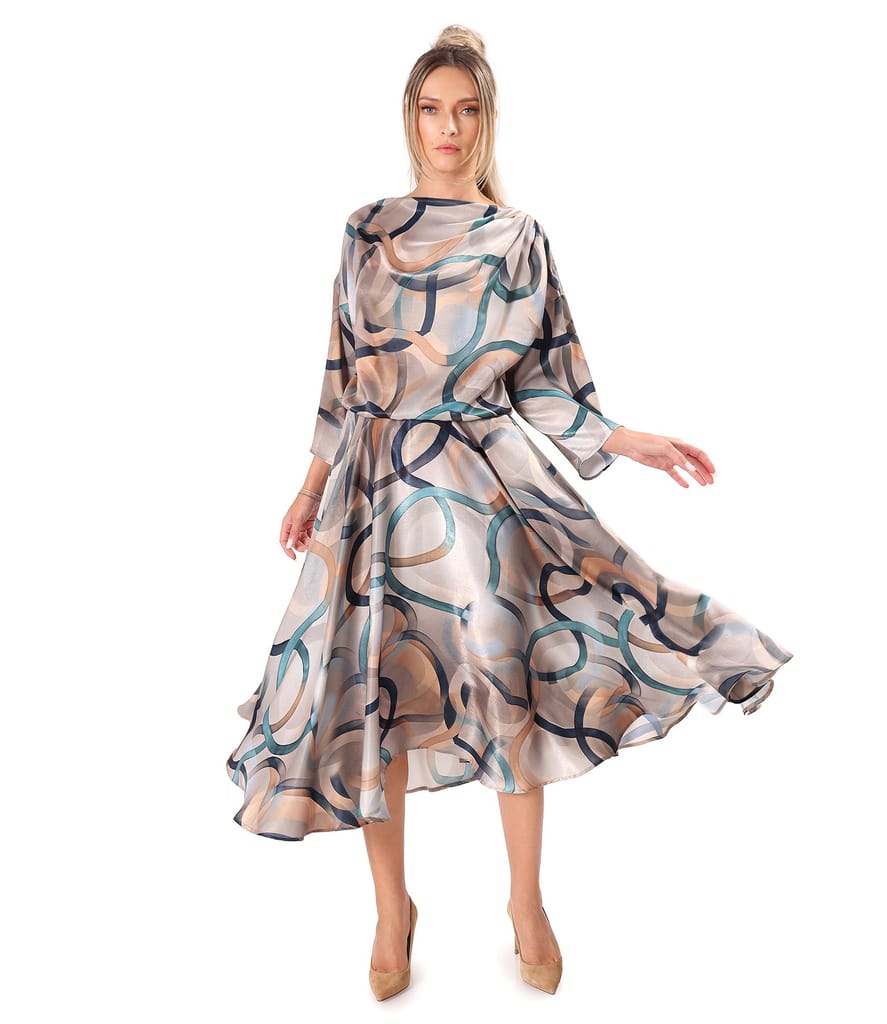 Rochie midi eleganta din saten imprimat cu motive geometrice