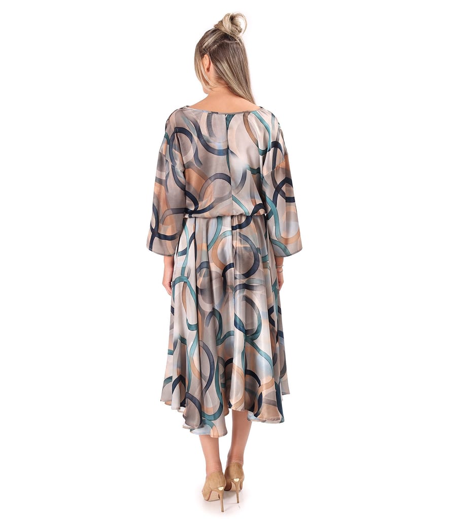 Rochie midi eleganta din saten imprimat cu motive geometrice