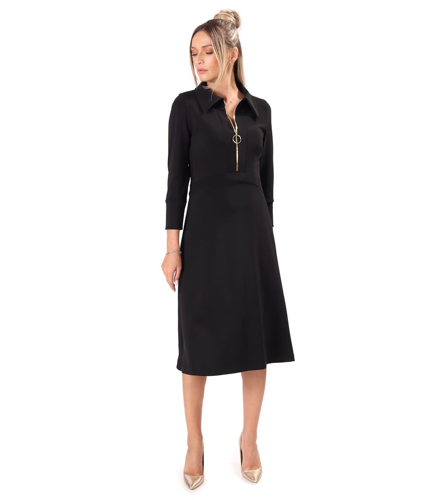 Rochie office evazata cu fermoar auriu si buzunare laterale