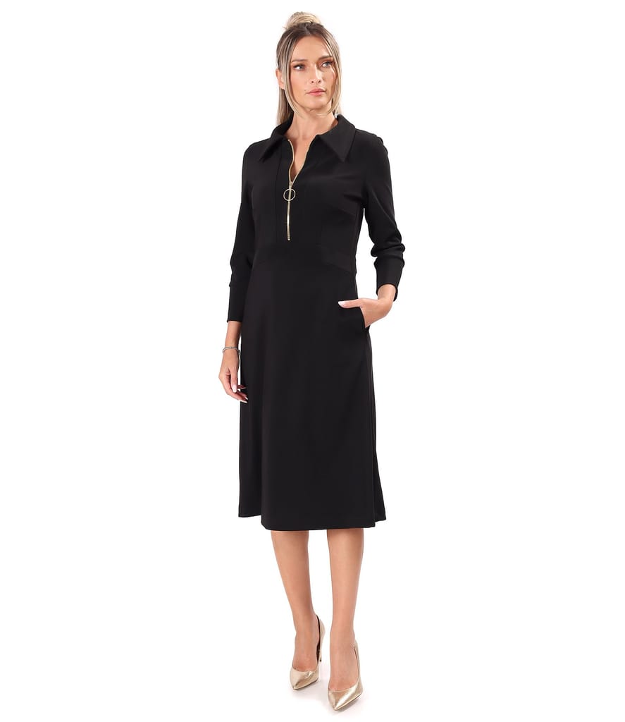 Rochie office evazata cu fermoar auriu si buzunare laterale