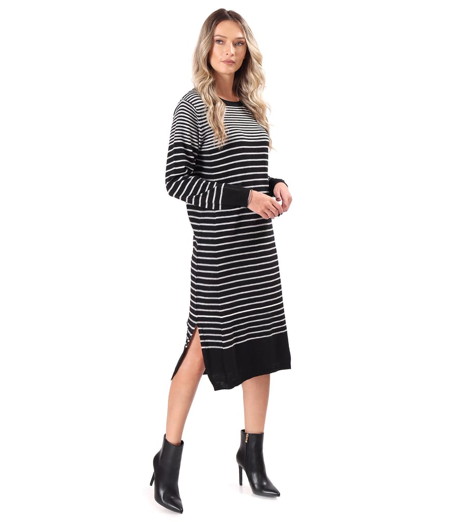 Rochie midi tricotata in dungi cu slituri laterale