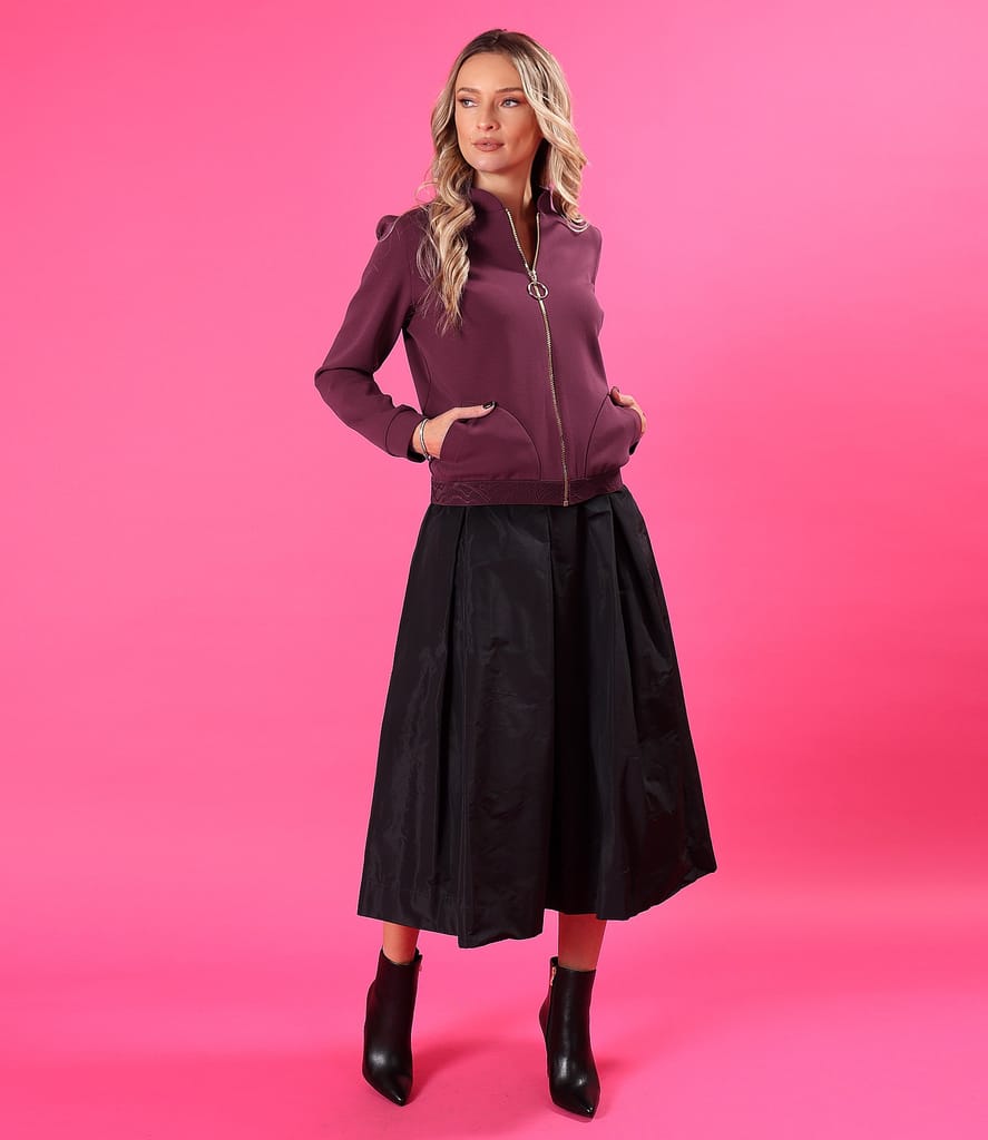 Bluza din stofa tip scuba cu bumbac cu fusta midi din tafta