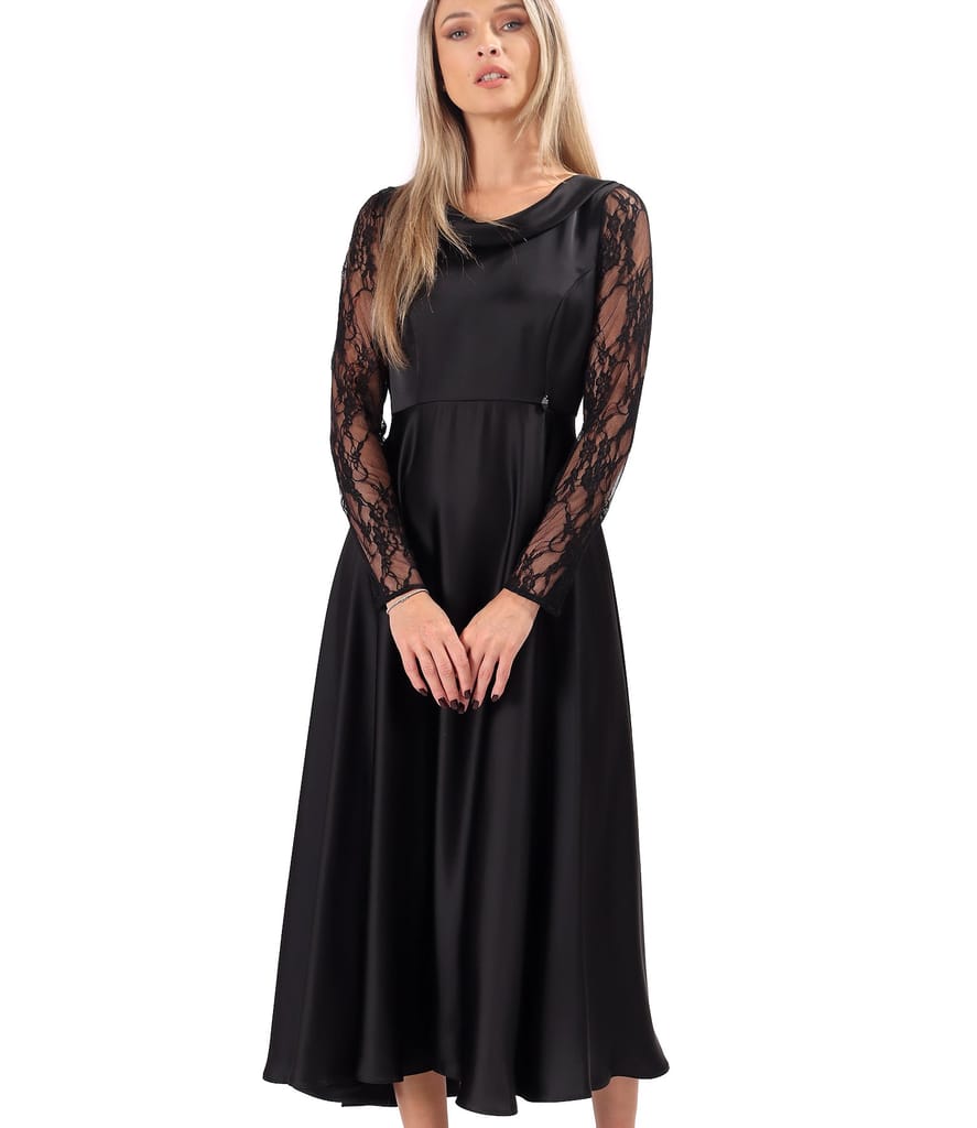 Rochie midi satinata cu maneci lungi din dantela