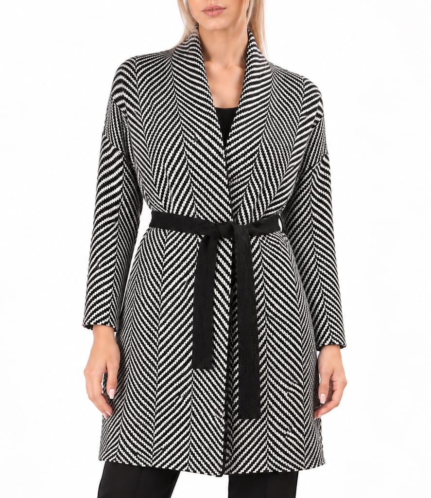 Cardigan lung tricotat cu lana si alpaca, cu model zigzag si cordon in talie