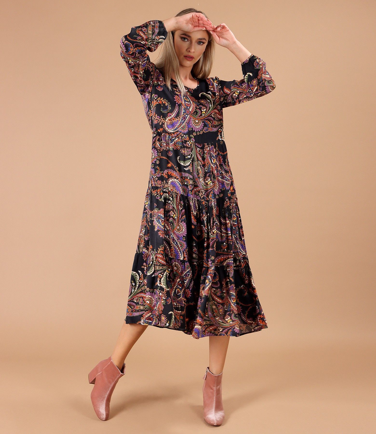 Rochie midi cu volane din saten de viscoza bleumarin - YOKKO