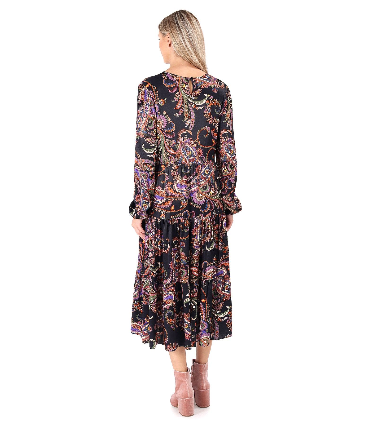 Rochie midi cu volane din saten de viscoza bleumarin - YOKKO