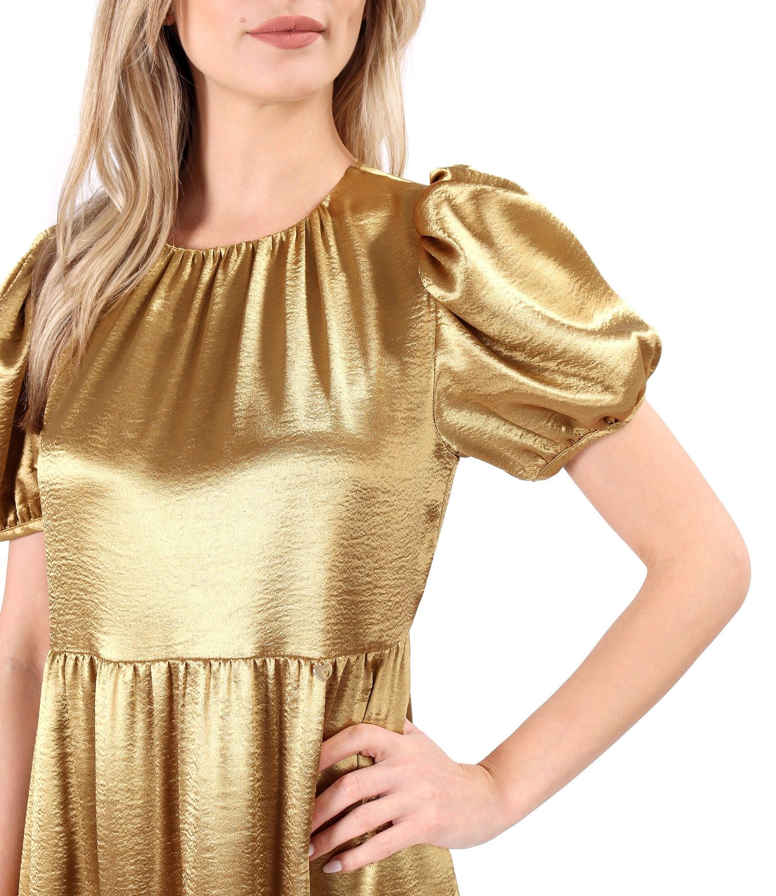 Rochie lunga satinata cu volane asimetrice auriu - YOKKO
