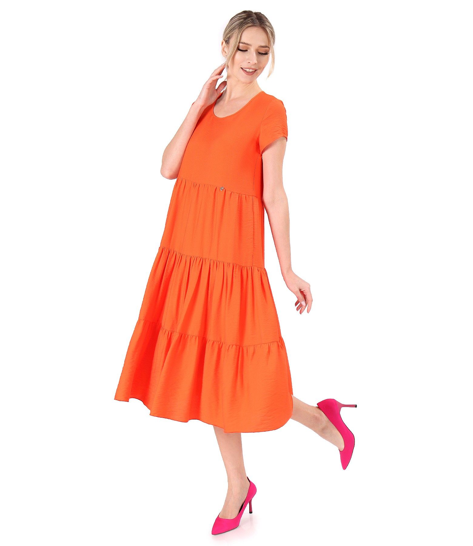 Rochie midi cu volane din viscoza usor creponata rosu corai - YOKKO