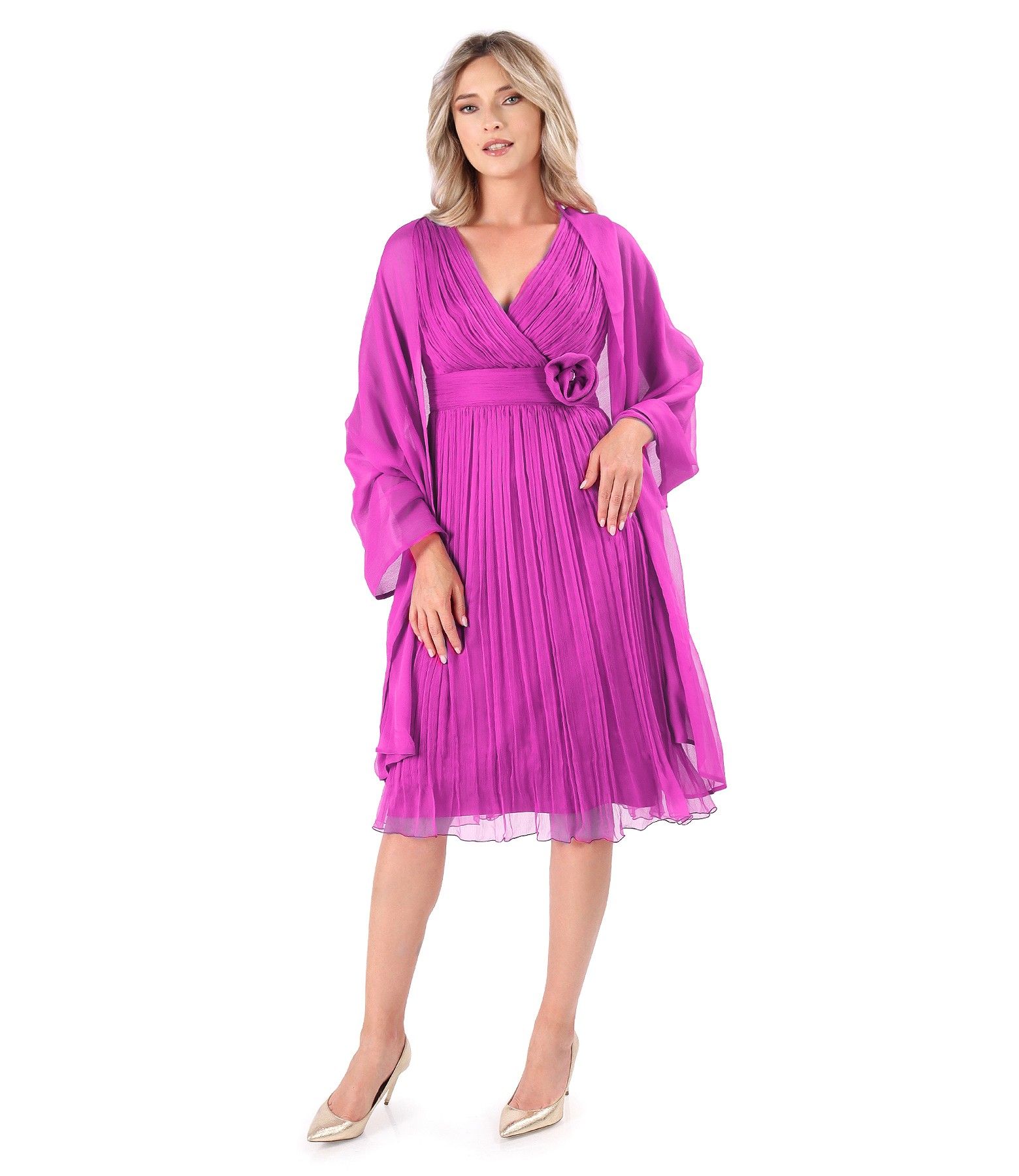 Rochie de seara din voal de matase naturala cu brosa ciclamen - YOKKO