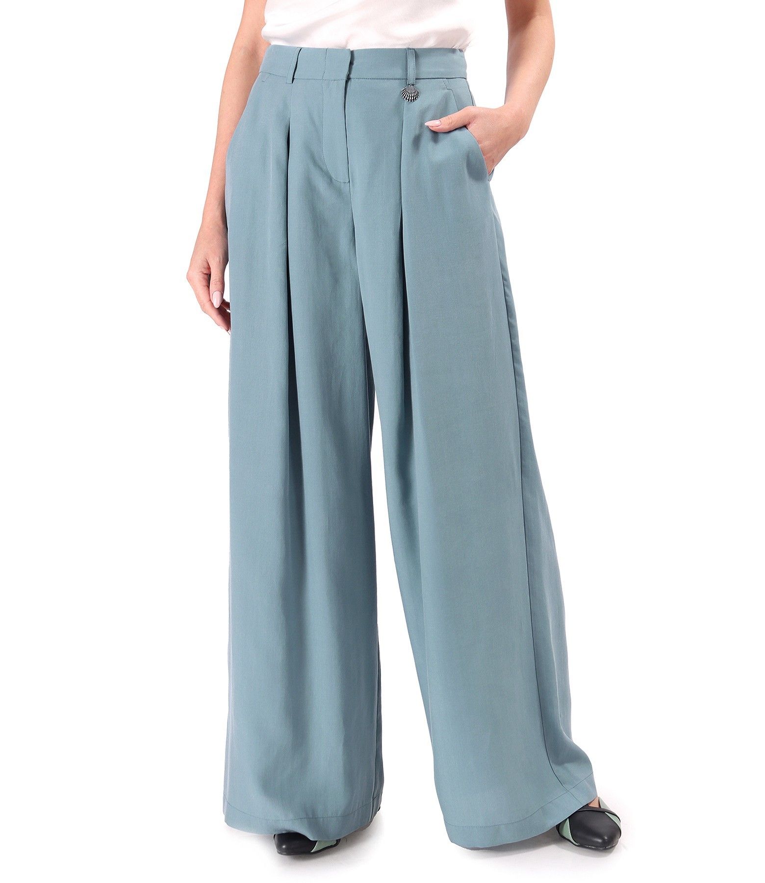 Pantaloni largi din viscoza albastru pastel - YOKKO