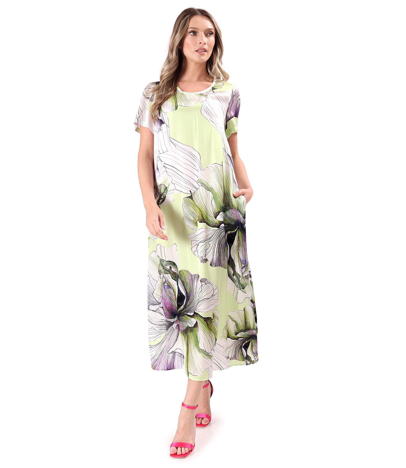 Rochie midi din satin de viscoza imprimata cu flori